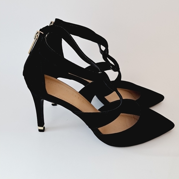 Kelly & Katie Evie Black Strappy‎ Gold Accent Faux Suede Pumps - Picture 12 of 12
